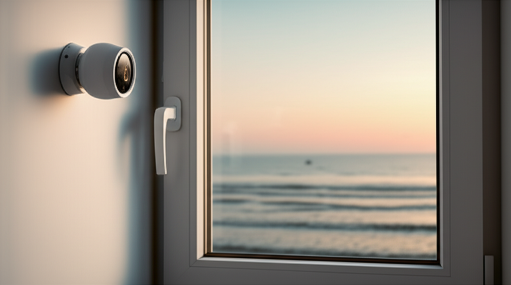 Home security camera and door sensors in a modern living room